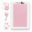 LARLEAF pink mess free ink pad and three pink ink impressions: a human handprint, a baby footprint, and a pet paw print. Designed for newborns and pets. Capture Paw print and nose print.