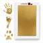 LARLEAF gold mess free ink pad and three gold ink impressions: a human handprint, a baby footprint, and a pet paw print. Designed for newborns and pets. Capture Paw print and nose print.