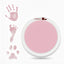 LARLEAF pink round mess free ink pad featuring the brand logo. Shown next to sample prints of a hand, baby foot, and dog paw print. Circular mess-free print kit ideal for DIY Pet Memorials Goods