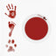 LARLEAF red round mess free ink pad featuring the brand logo. Shown next to sample prints of a hand, baby foot, and dog paw print. Circular mess-free print kit ideal for DIY Pet Memorials Goods