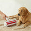 Larleaf reusable pet hair remover roller shown with the dustbin lid open, revealing a large amount of collected fur. Demonstrates the easy-to-empty design and high capacity for capturing dog and cat hair.