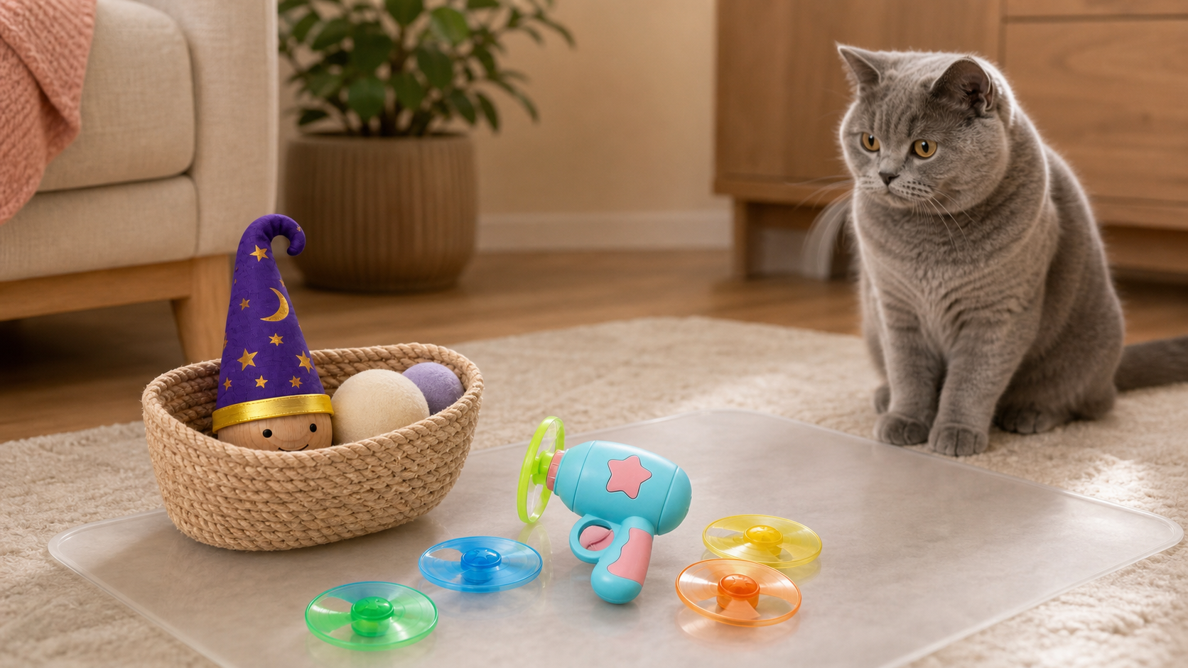 Cat fetch disc launcher on a play mat with a purple wobble toy stored in a nearby basket