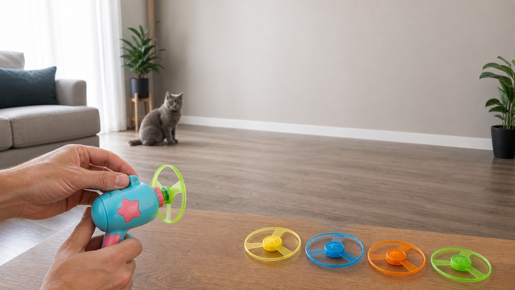 Cat fetch disc launcher checked on a table while aimed toward a clear indoor floor away from the cat