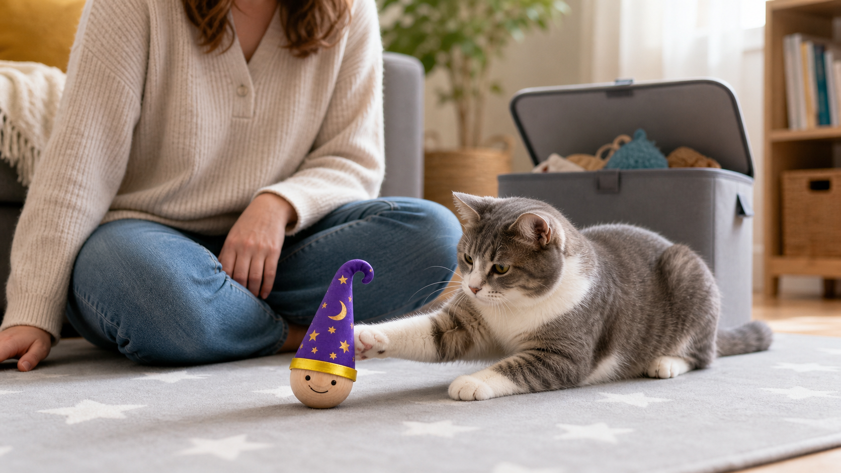 Supervised cat gently pawing a purple wizard-hat wobble toy near an open storage bin