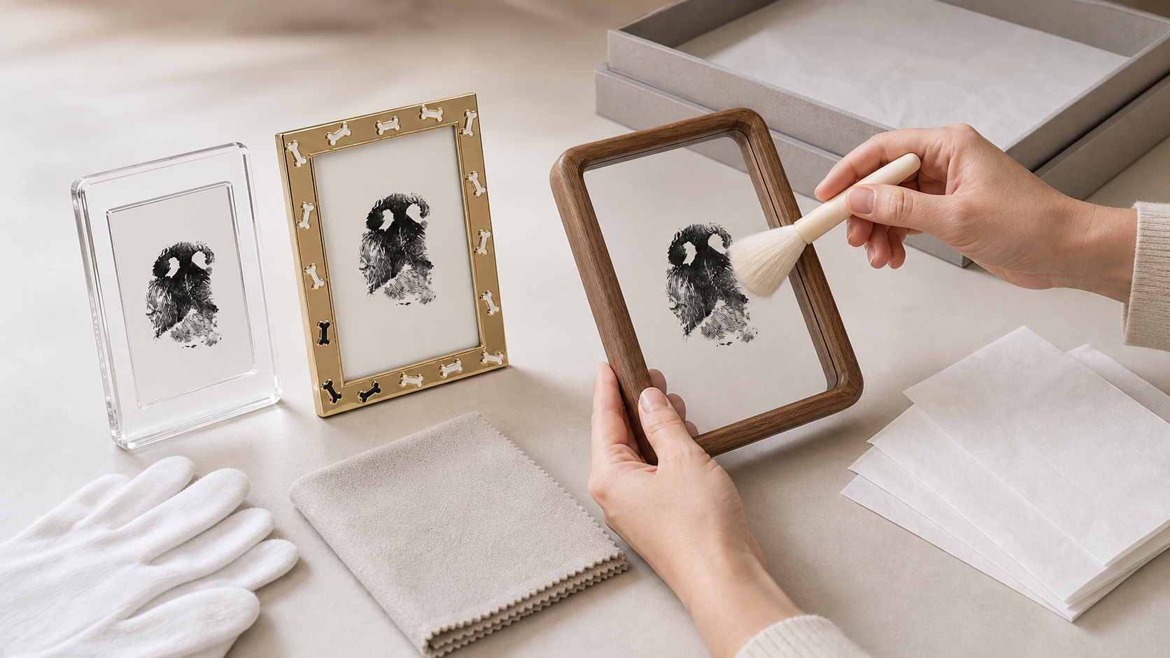 Dry cleaning workspace with walnut floating frame, clear magnetic frame and gold bone-accent frame