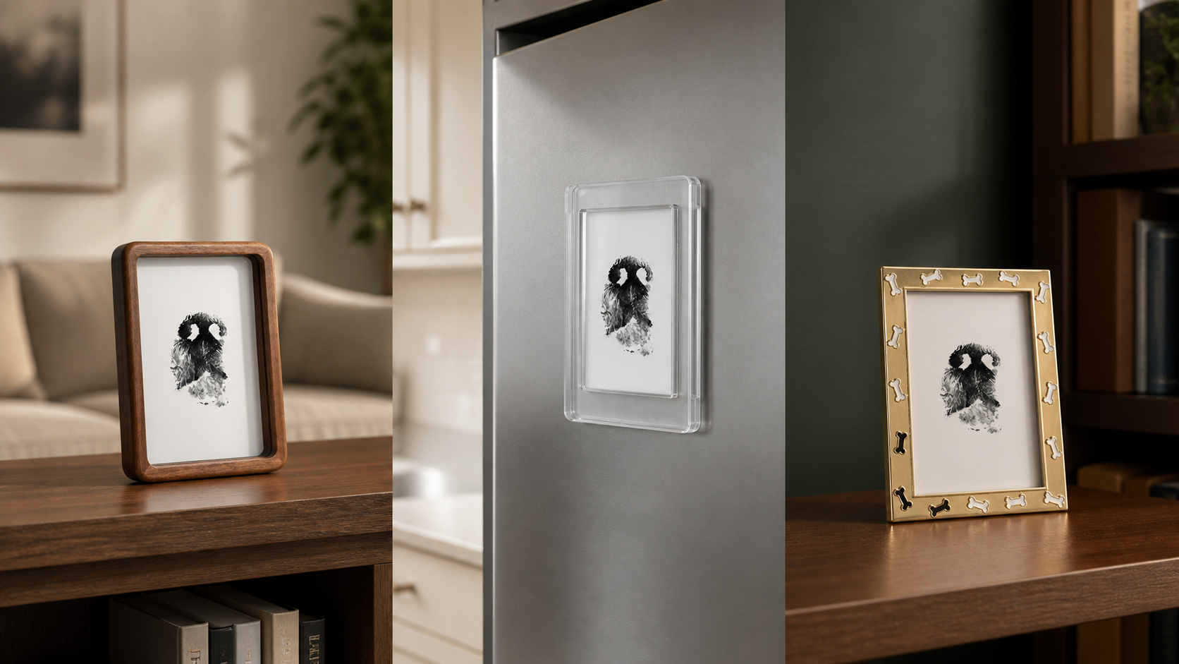 Walnut floating frame in a living room, clear magnetic frame on a refrigerator and gold bone frame in a study