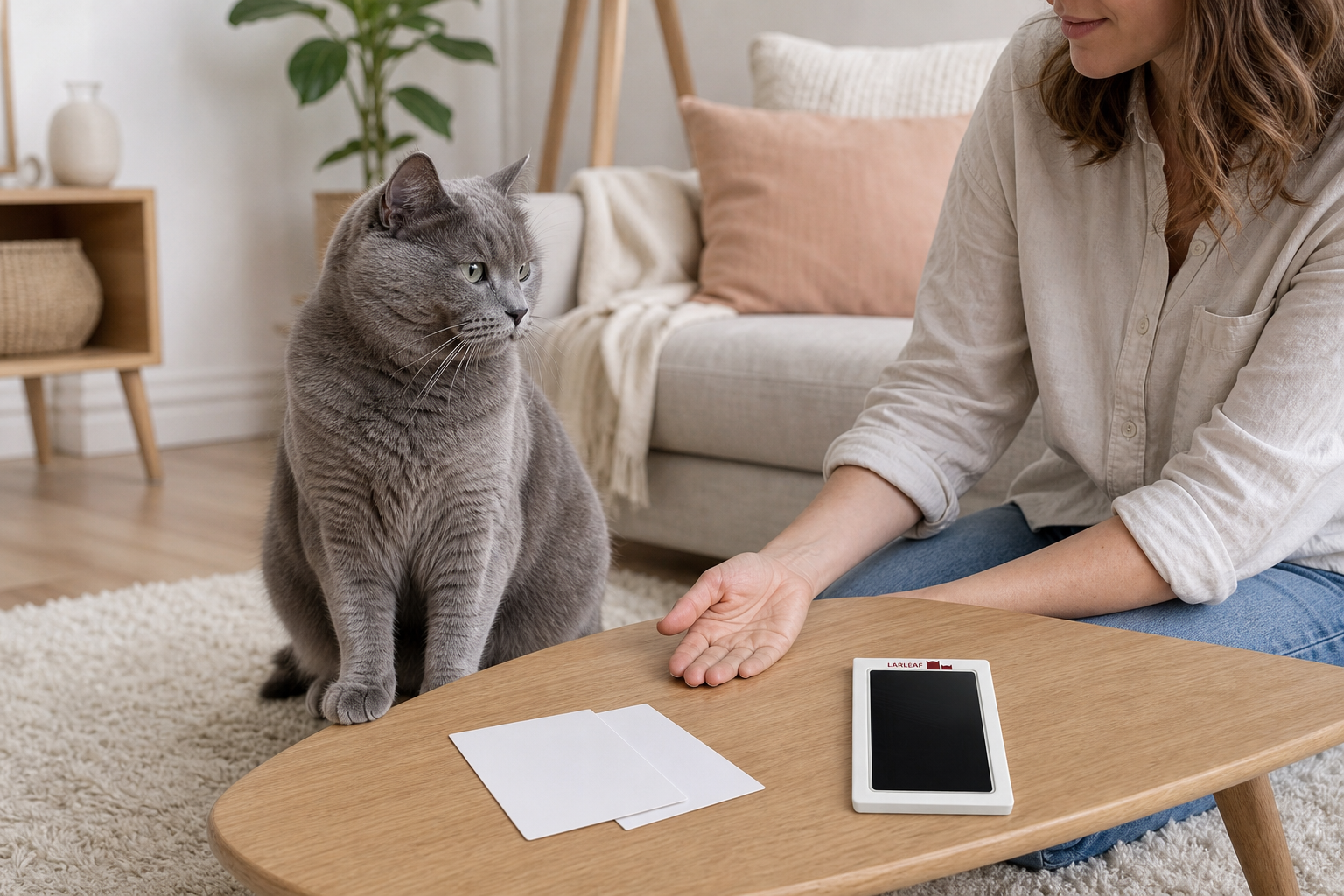 Relaxed grey cat beside a Larleaf clean-touch ink pad and blank print cards in a calm home