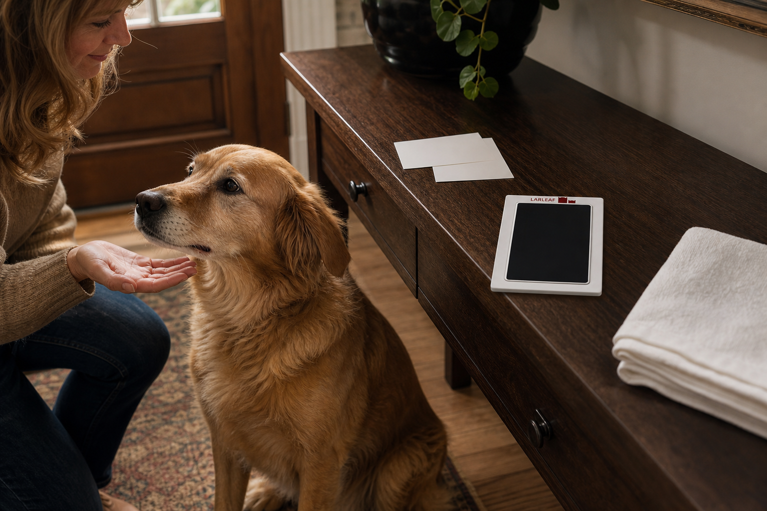 Calm senior dog beside a Larleaf clean-touch ink pad, blank cards, and a folded towel