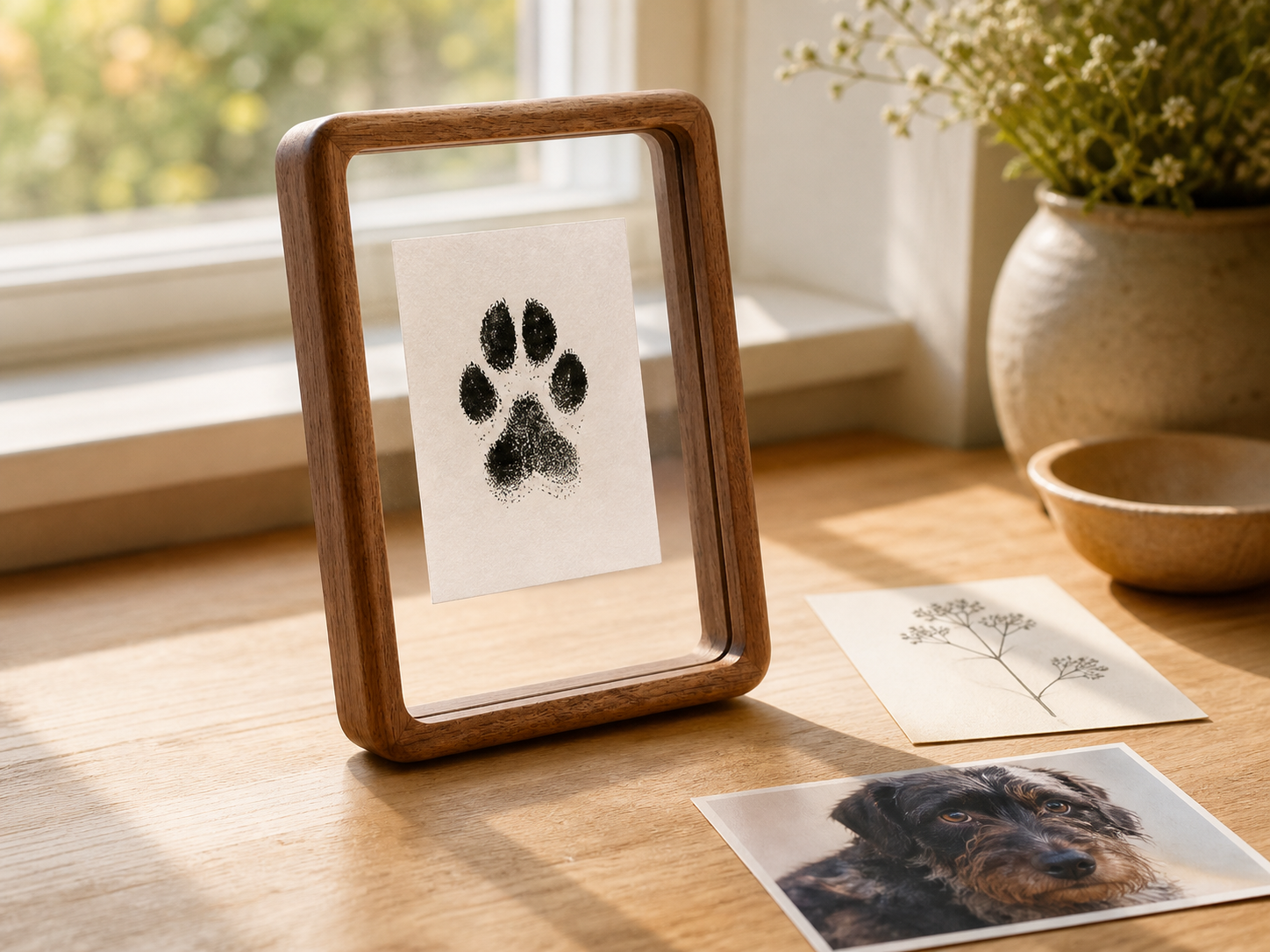 Walnut floating double-glass frame displaying a paw print card near a window