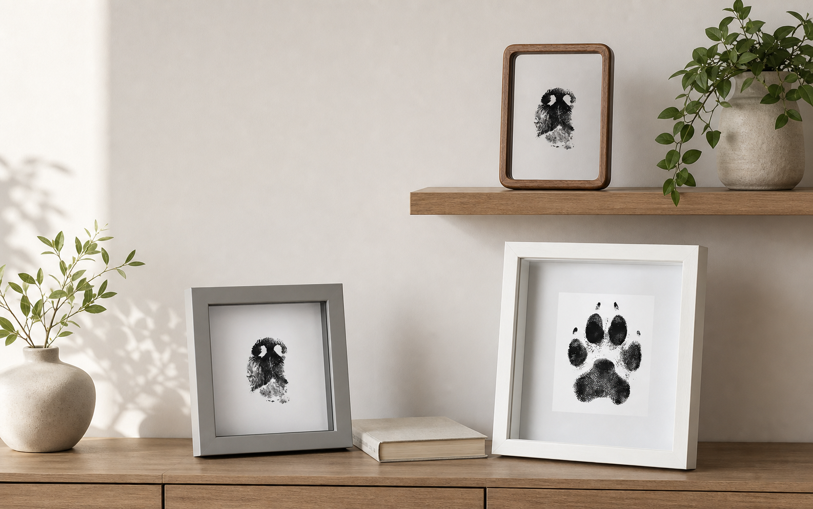 Walnut floating frame, gray square shadow box, and white rectangular shadow box displayed with paw-print cards
