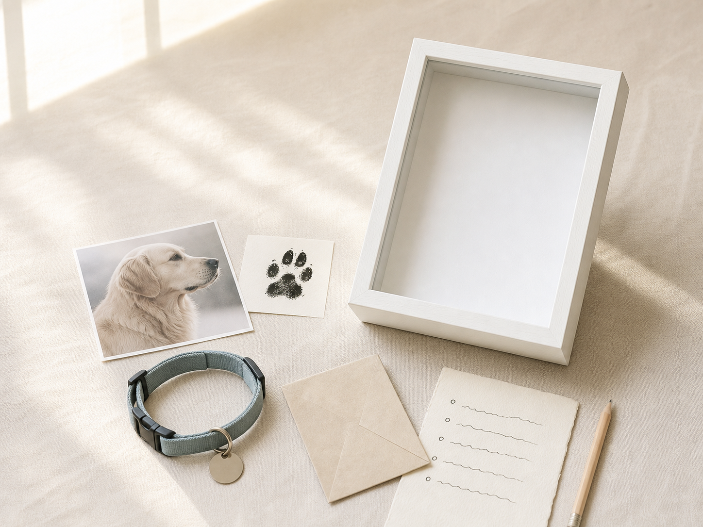 Pet memorial keepsake checklist with a white shadow box, collar, photo, paw print, envelope, and pencil