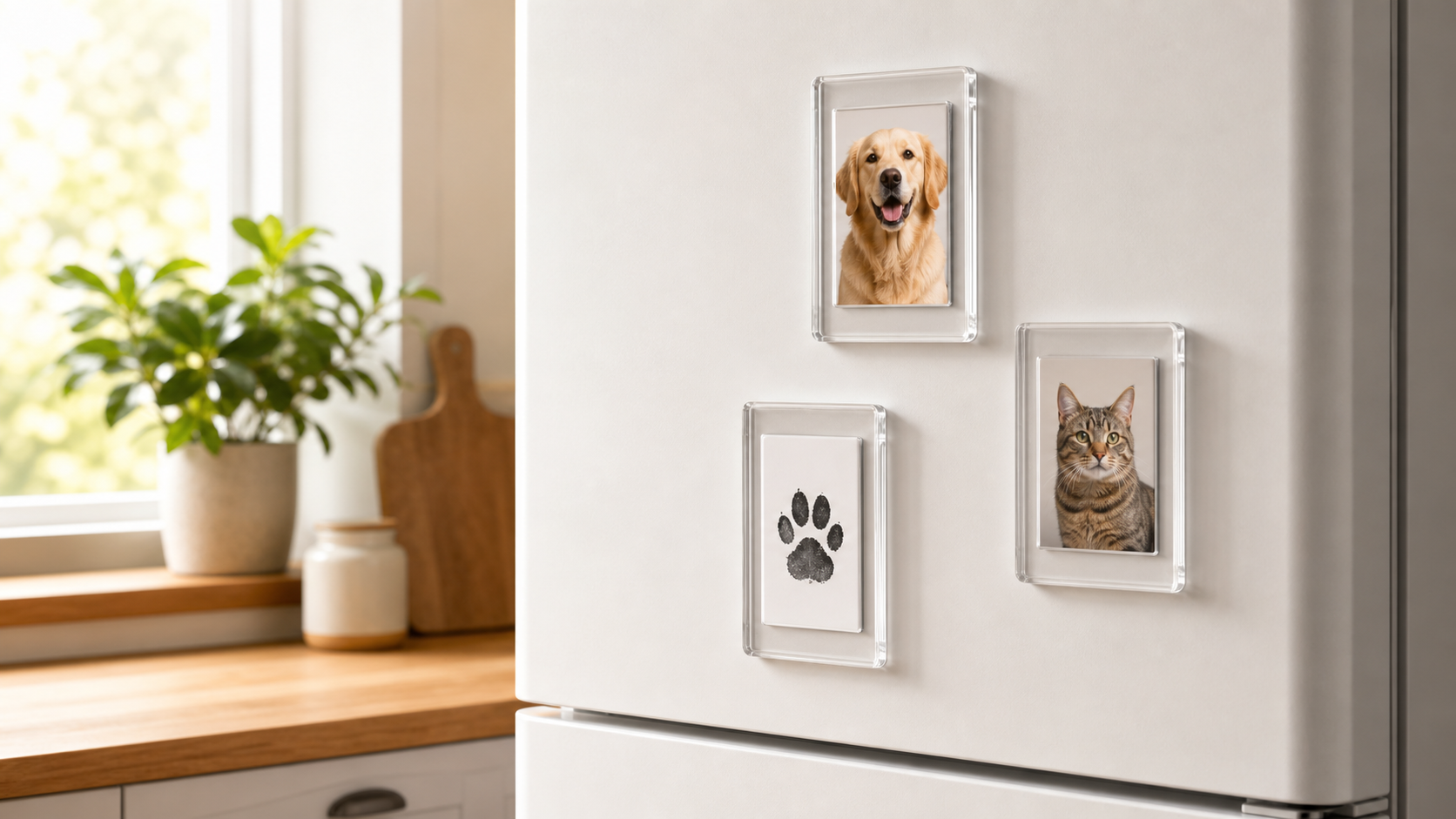 Three clear magnetic pet photo frames arranged on a white refrigerator in a bright kitchen