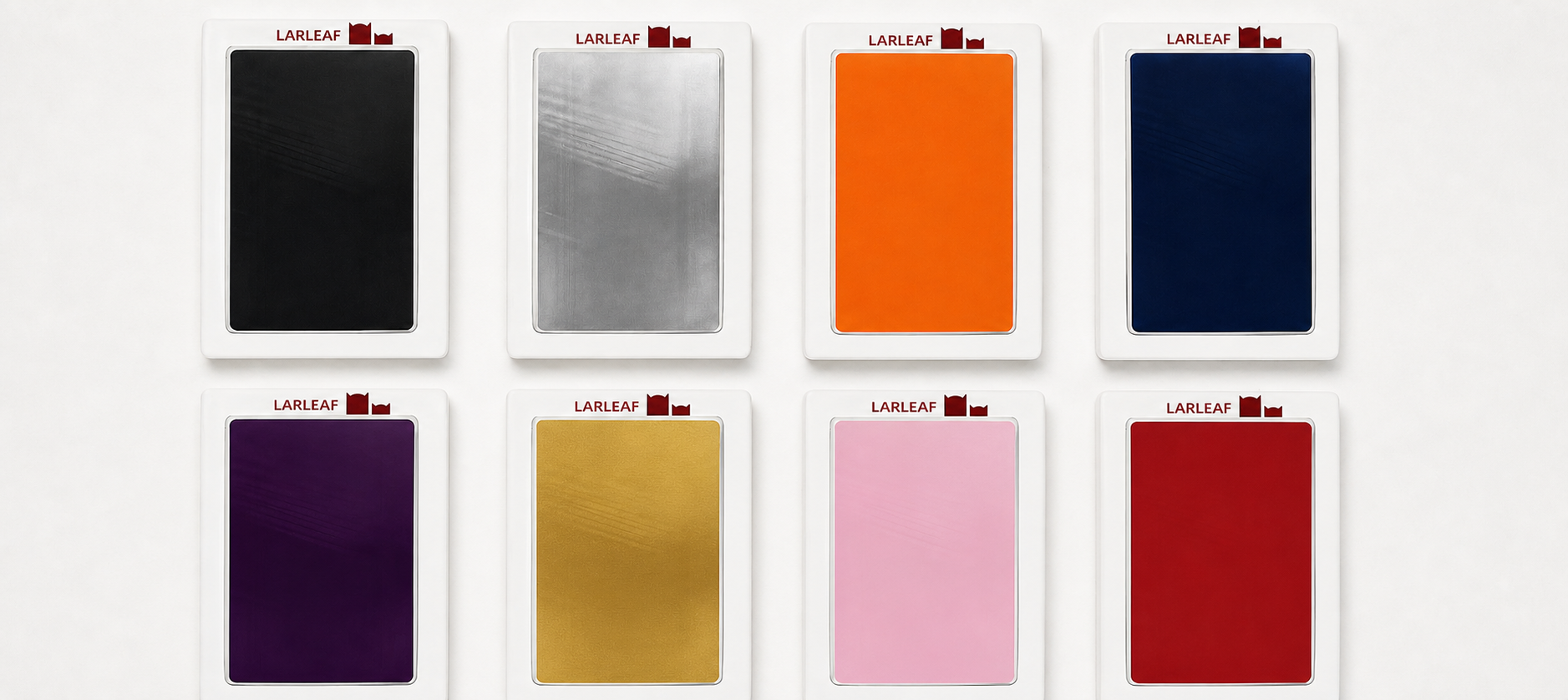 Eight Larleaf rectangular clean-touch ink pads in black, silver, orange, navy, purple, gold, pink, and red