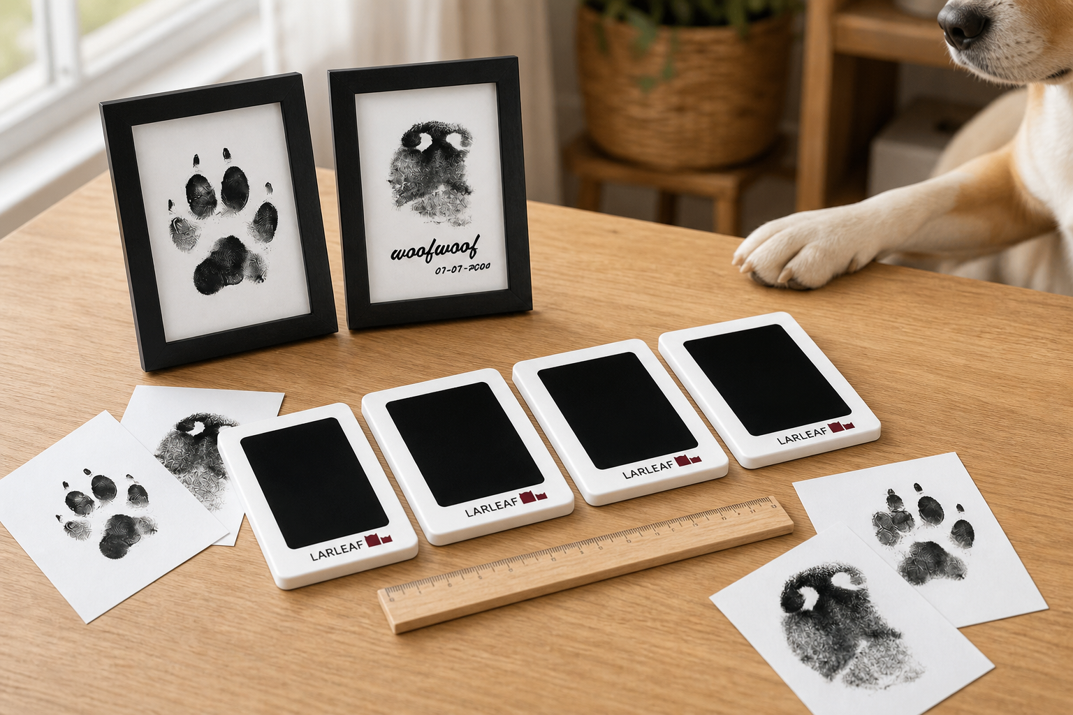 Larleaf clean-touch paw print kit arranged with four ink pads, two black frames, print cards, and a wooden ruler