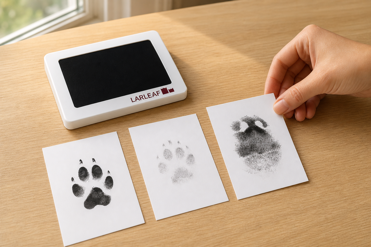 Larleaf clean-touch ink pad beside clear, faint, and smudged paw print examples