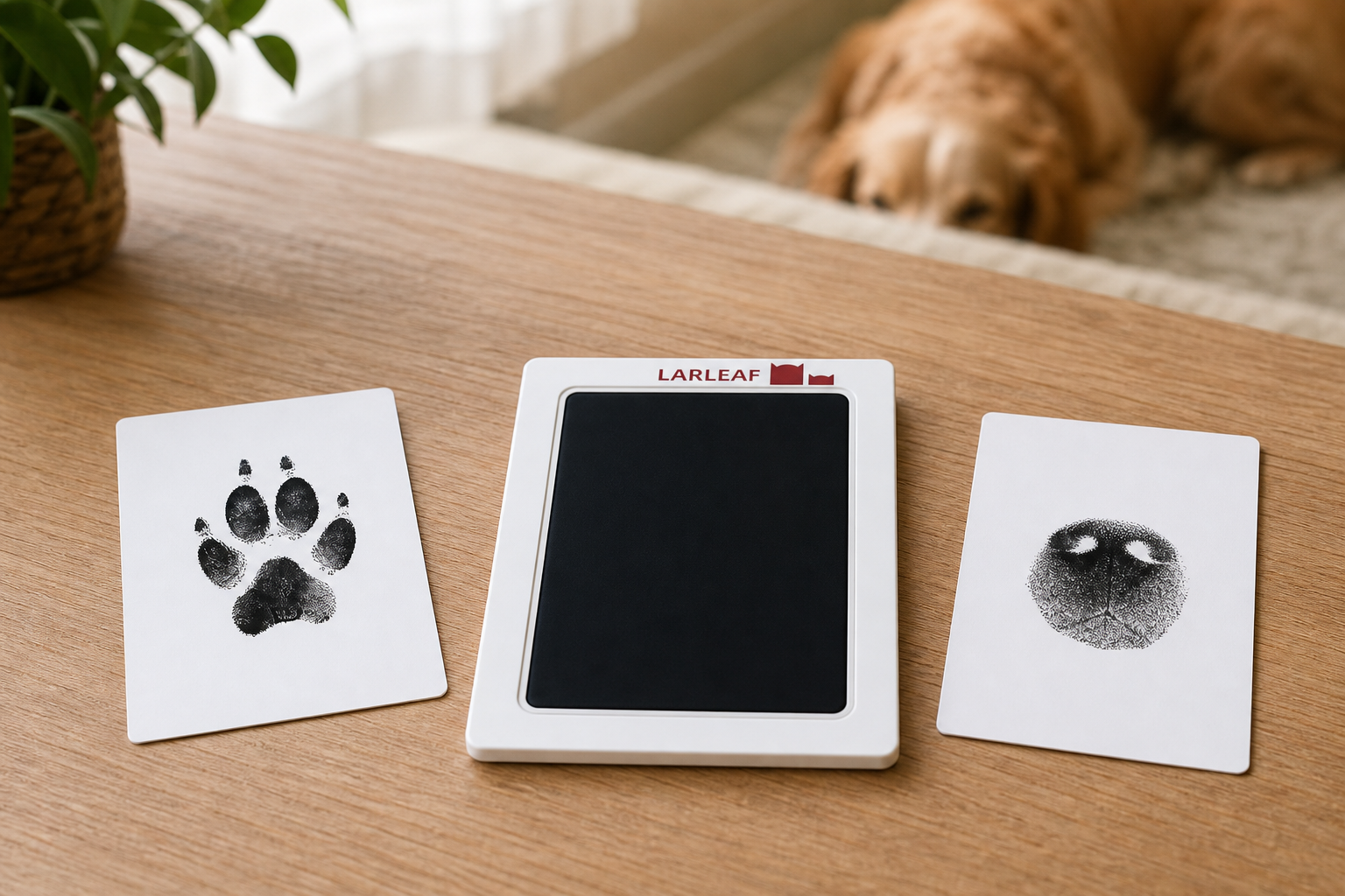 Larleaf clean-touch ink pad between a paw print card and a dog nose texture card