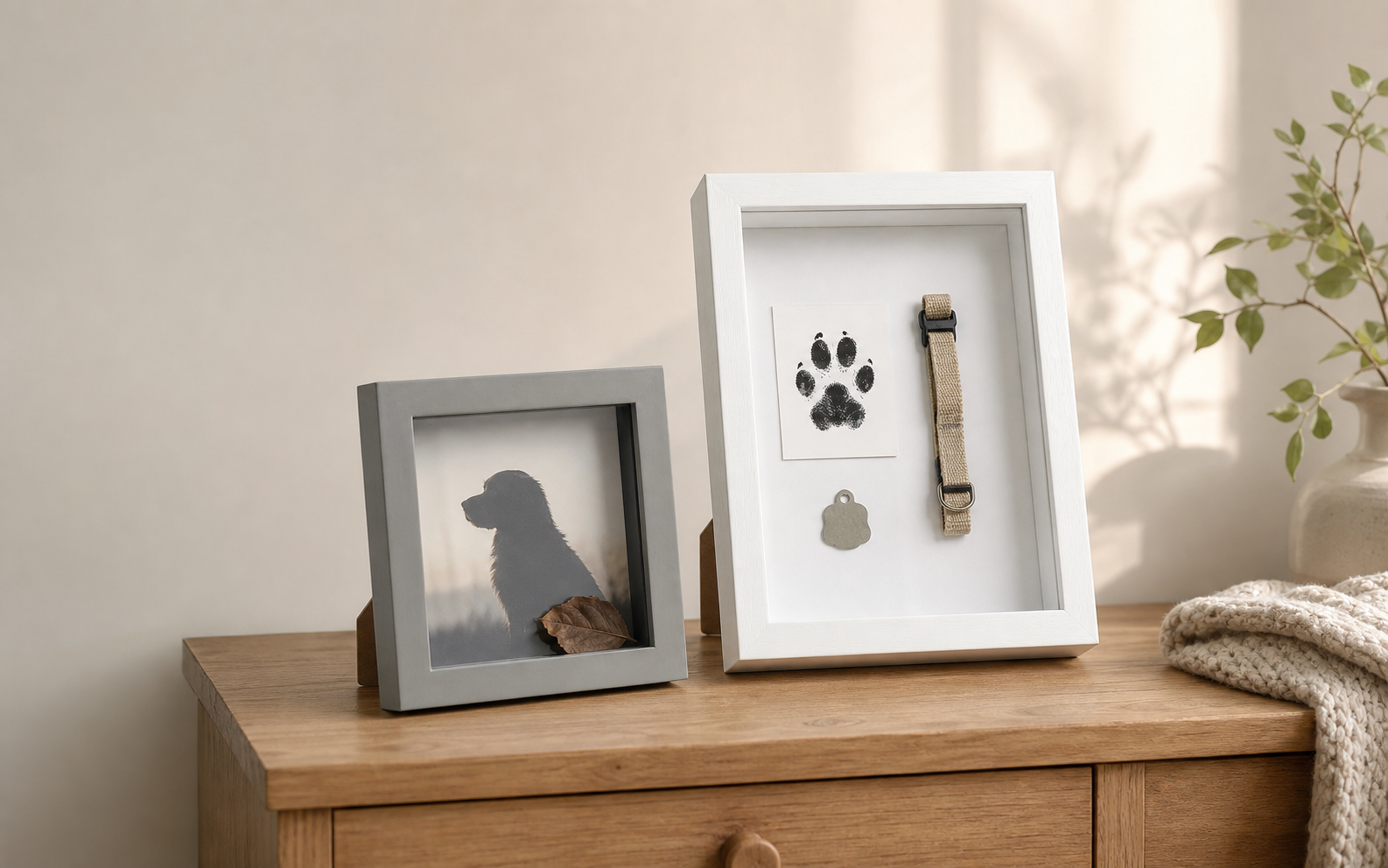 White rectangular and gray square pet memorial shadow boxes with example collar, tag, paw-print card, photo, and dried leaf