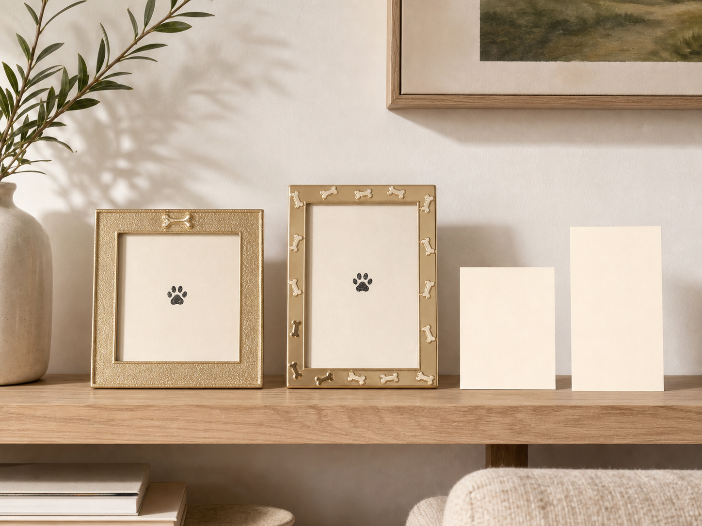 Square and portrait gold pet photo frames displayed with blank proportion cards