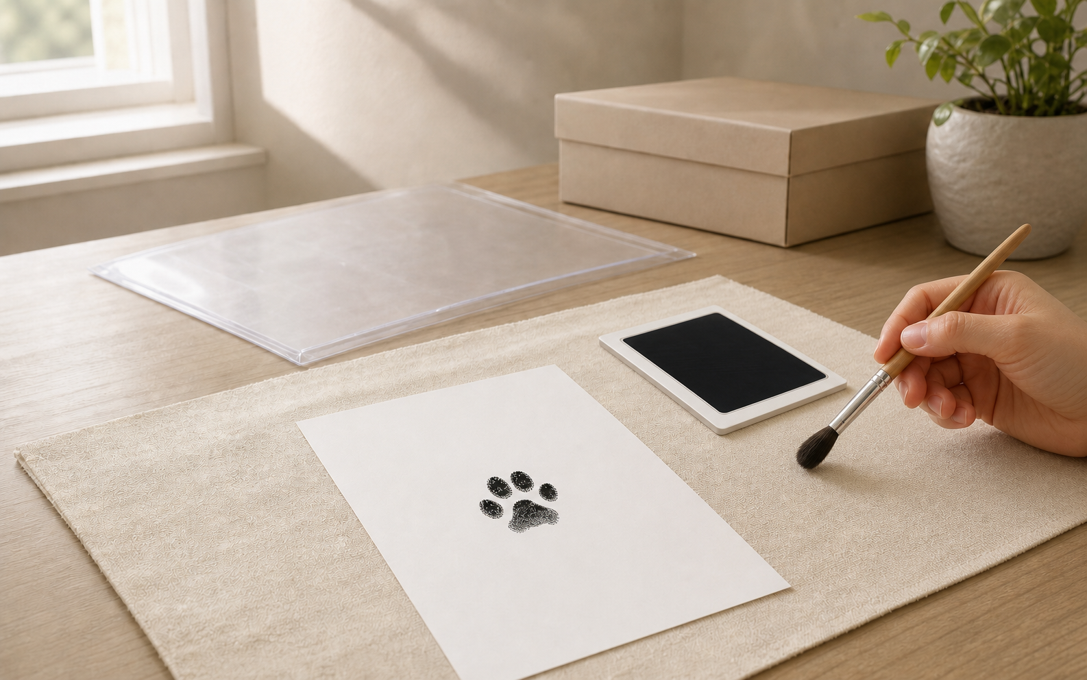 Dried black paw print card beside a Larleaf clean-touch ink pad and optional storage supplies