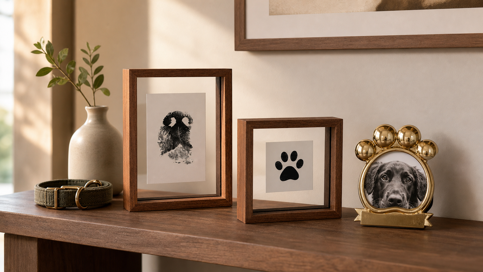 Small home pet memorial display with walnut floating frames, a gold paw-shaped frame and a pet collar
