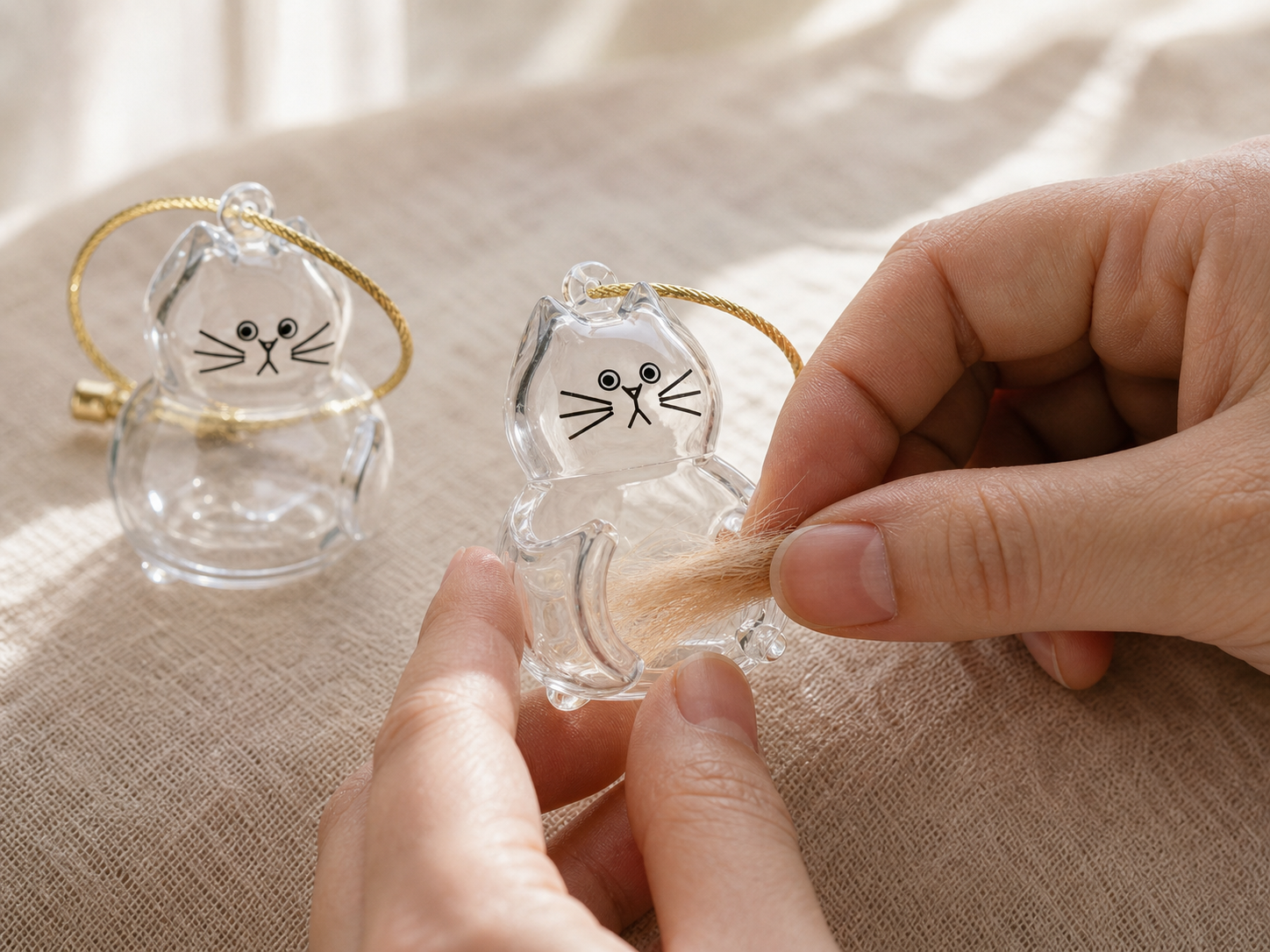 Hands placing a small lock of pet fur into a clear cat-shaped keepsake keychain