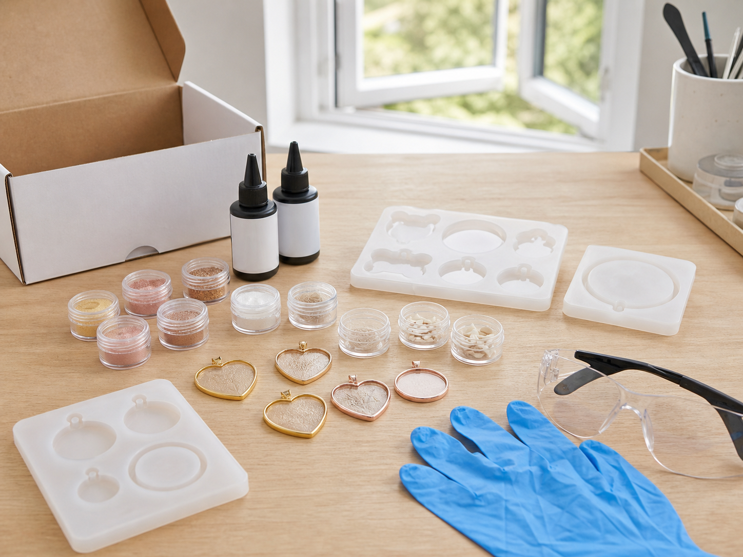 UV resin craft kit on a ventilated workbench with gloves and safety glasses