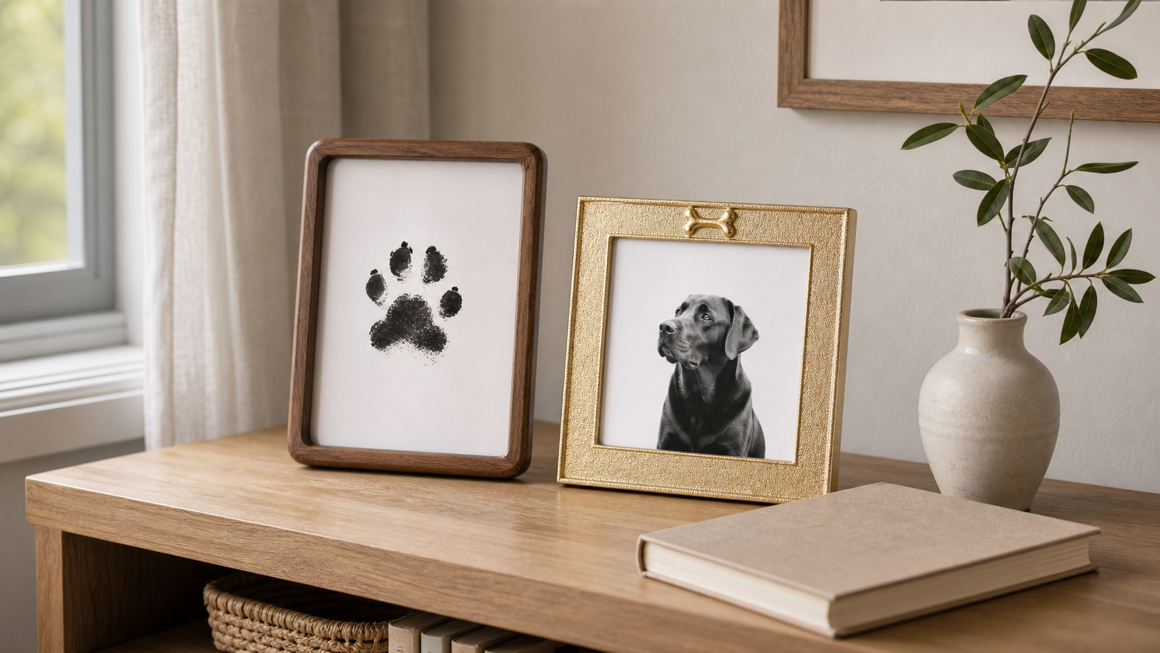 Two Larleaf keepsake frames displaying a printed paw mark and pet photo on a quiet shelf