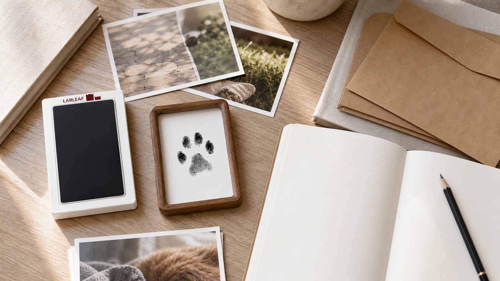 Larleaf clean-touch ink pad and walnut frame beside photos, envelopes and a blank notebook