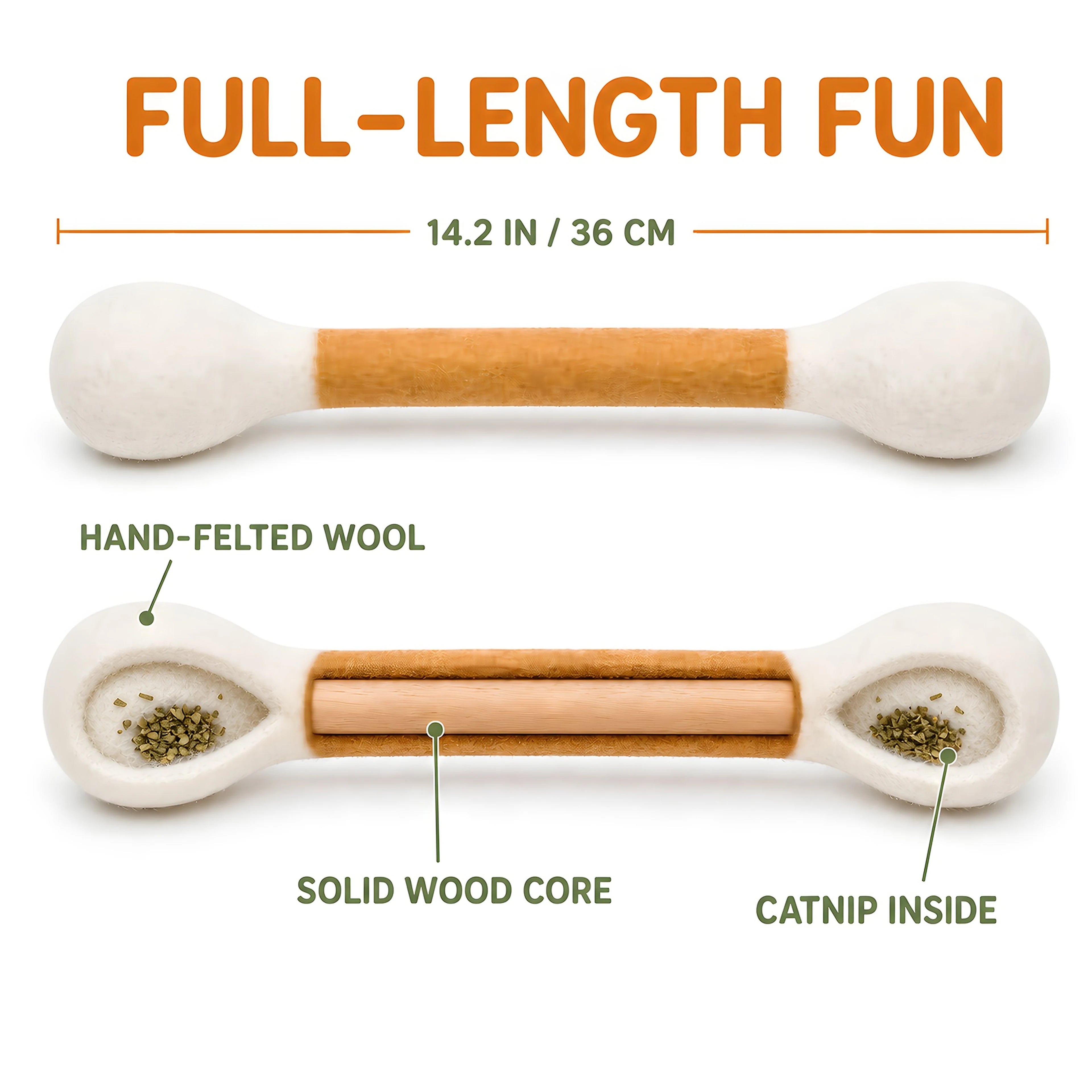 Felt cotton swab cat toy dimensions and solid wood core construction