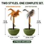 Two-piece feather tumbler cat toy set with product dimensions and included styles