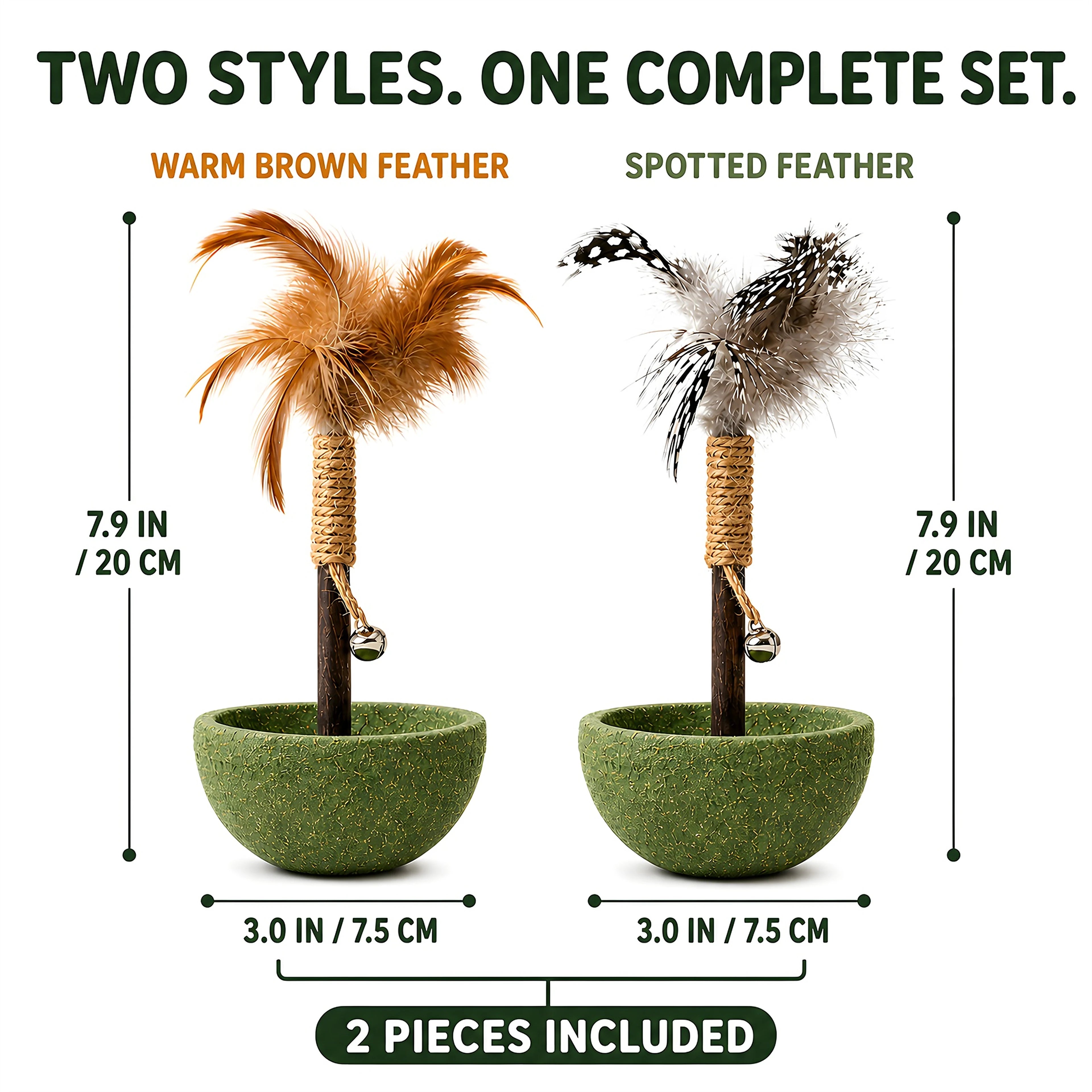 Two-piece feather tumbler cat toy set with product dimensions and included styles