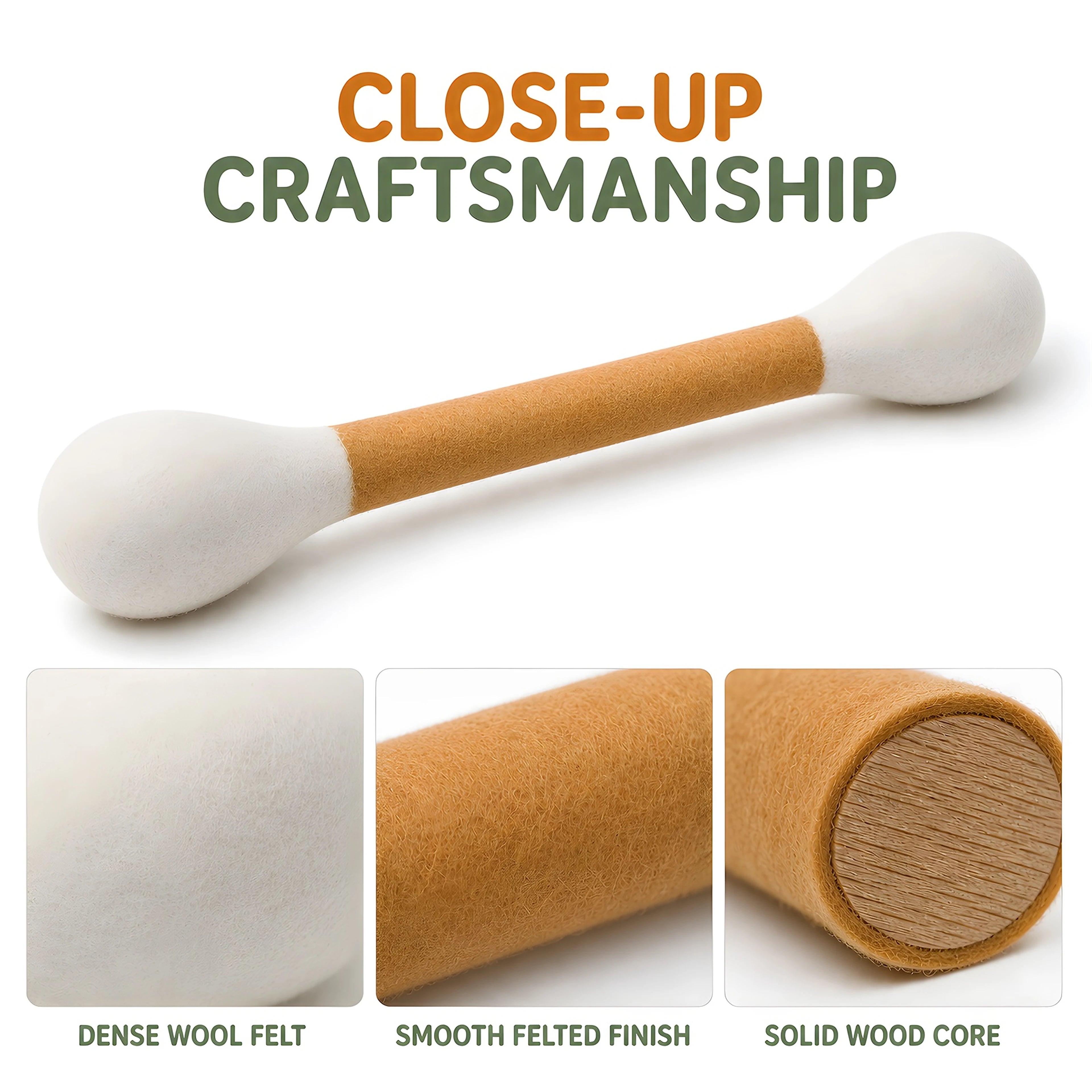 Close-up of the dense wool felt surface and rounded ends of the cat kicker toy