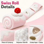Swiss roll pet toy details including fleece, corduroy, crinkle paper and catnip