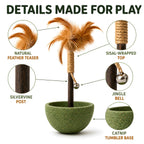 Close-up details of the feather teaser, sisal wrap, silvervine post, bell and tumbler base