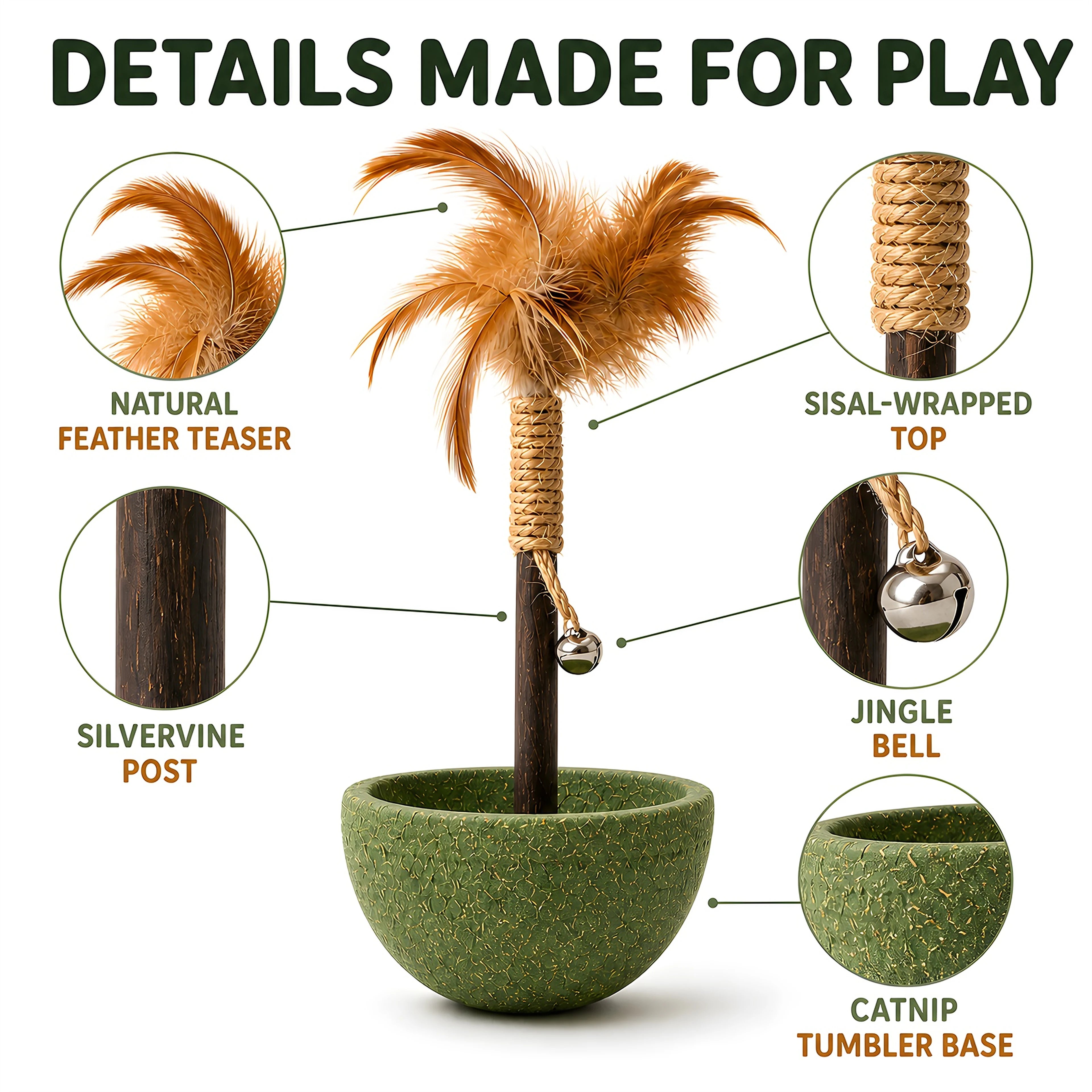 Close-up details of the feather teaser, sisal wrap, silvervine post, bell and tumbler base