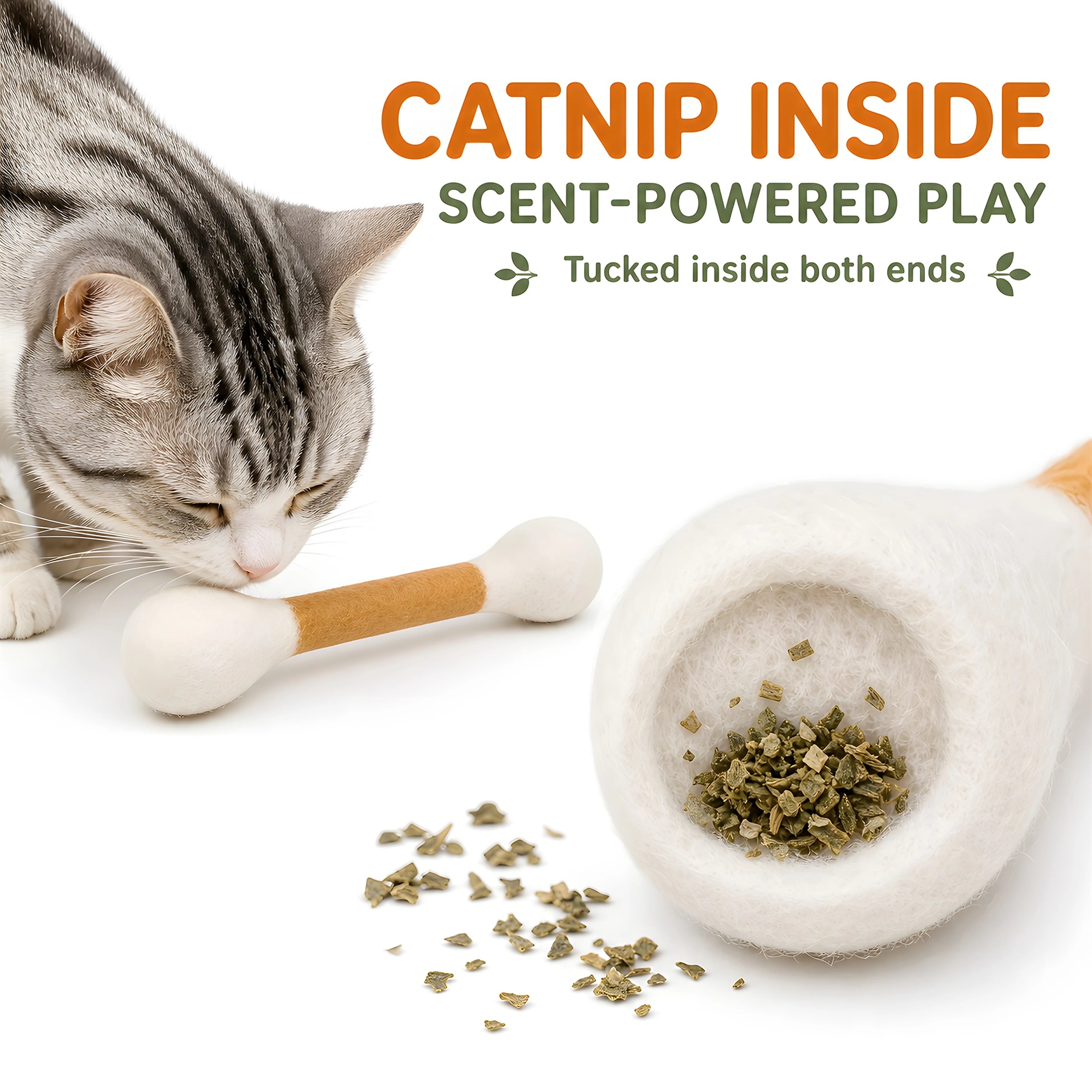 Catnip placement inside both ends of the felt cotton swab cat toy