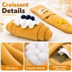 Croissant pet toy details including soft fleece, crinkle paper and silvervine