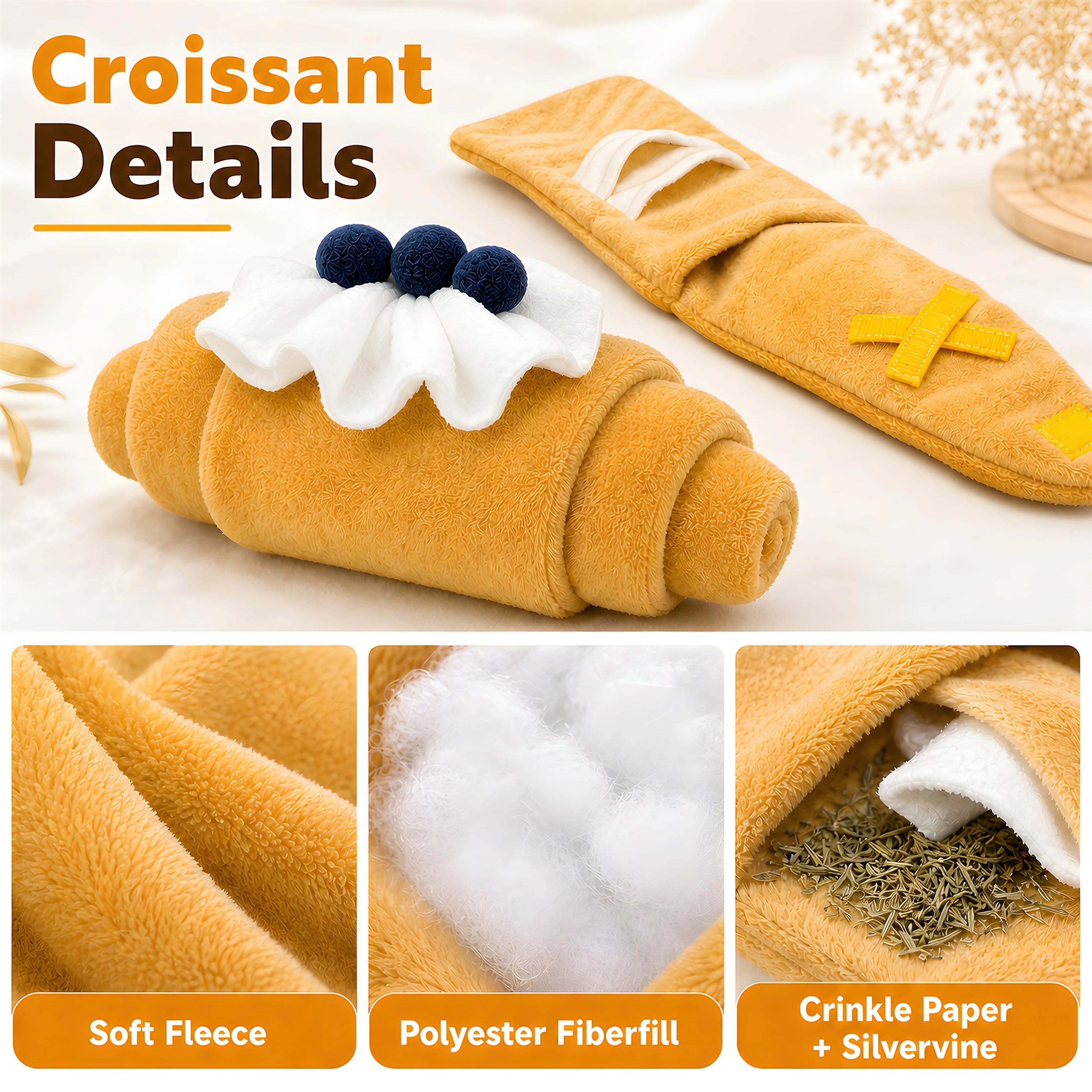Croissant pet toy details including soft fleece, crinkle paper and silvervine