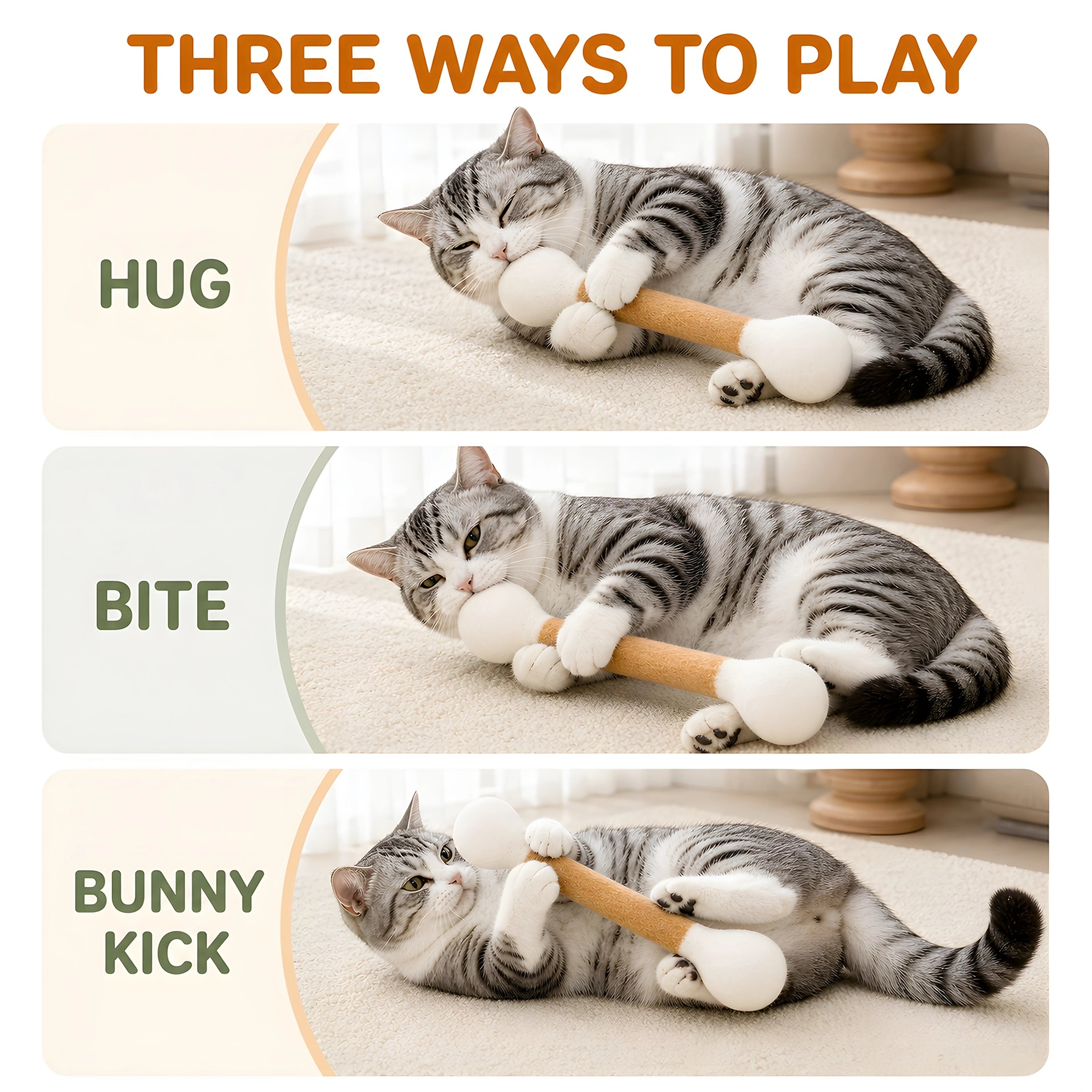Cat hugging, biting and bunny-kicking the oversized felt cotton swab toy