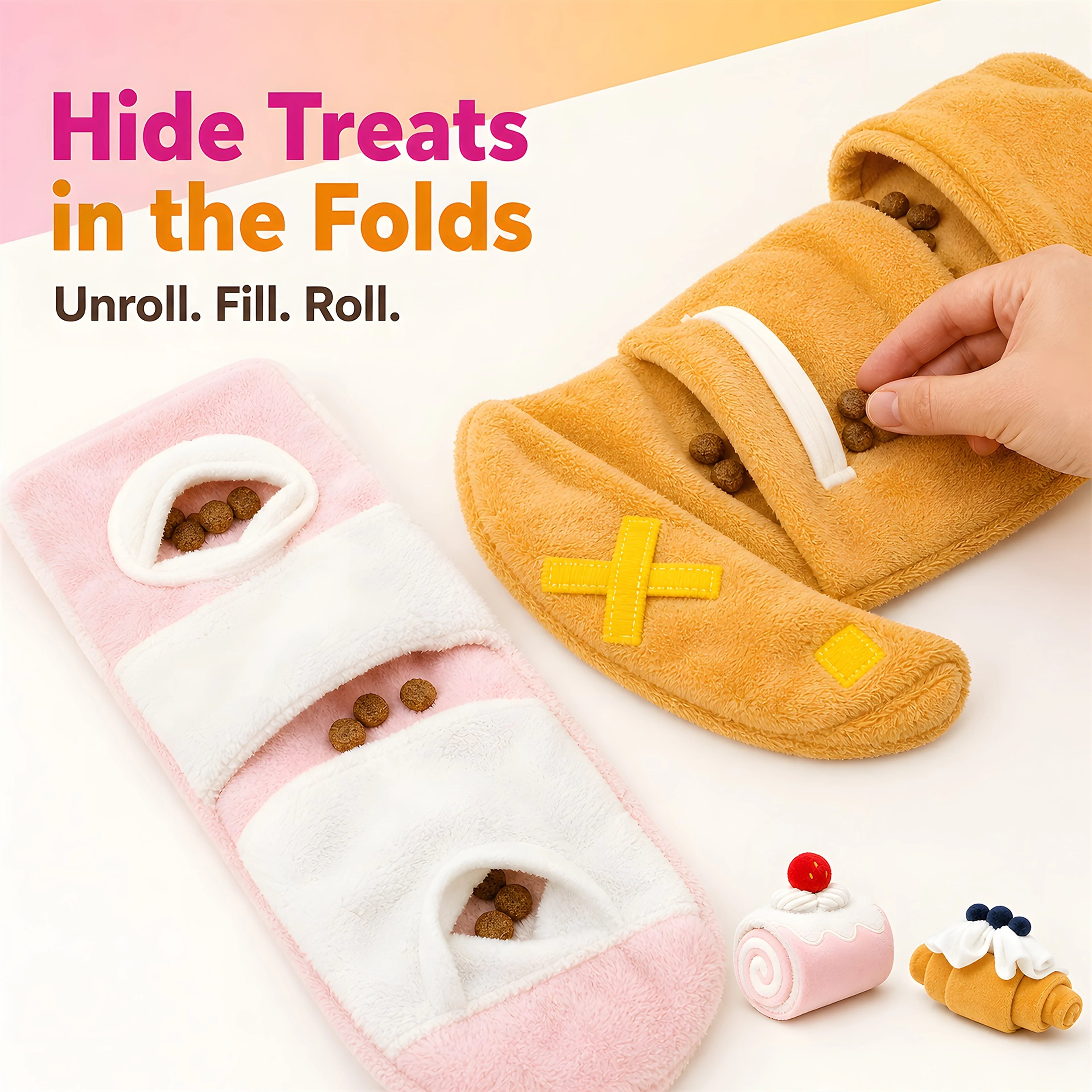 Small treats hidden inside the folds of the croissant and Swiss roll pet toys