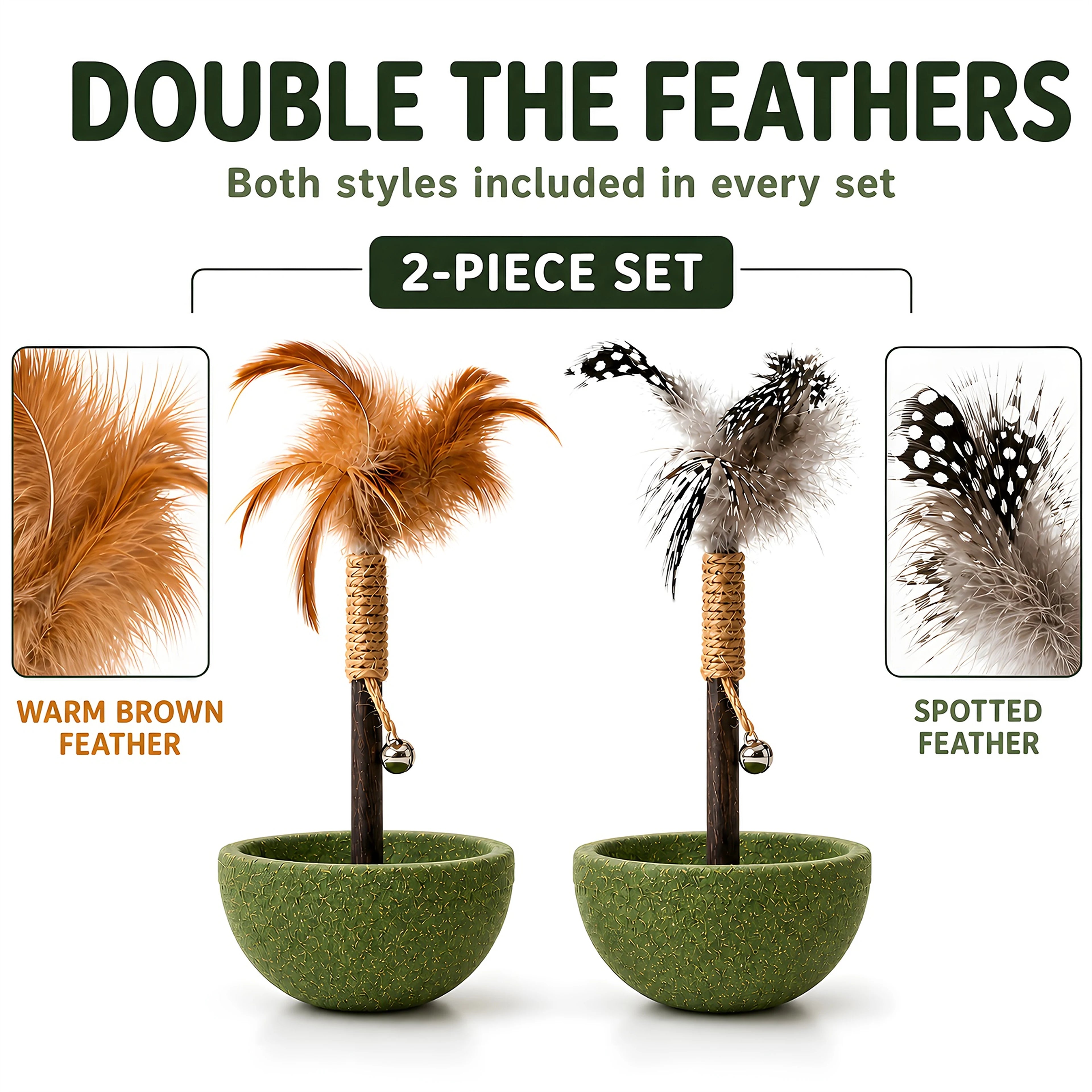 Brown and black-and-white feather styles included in the two-piece cat toy set