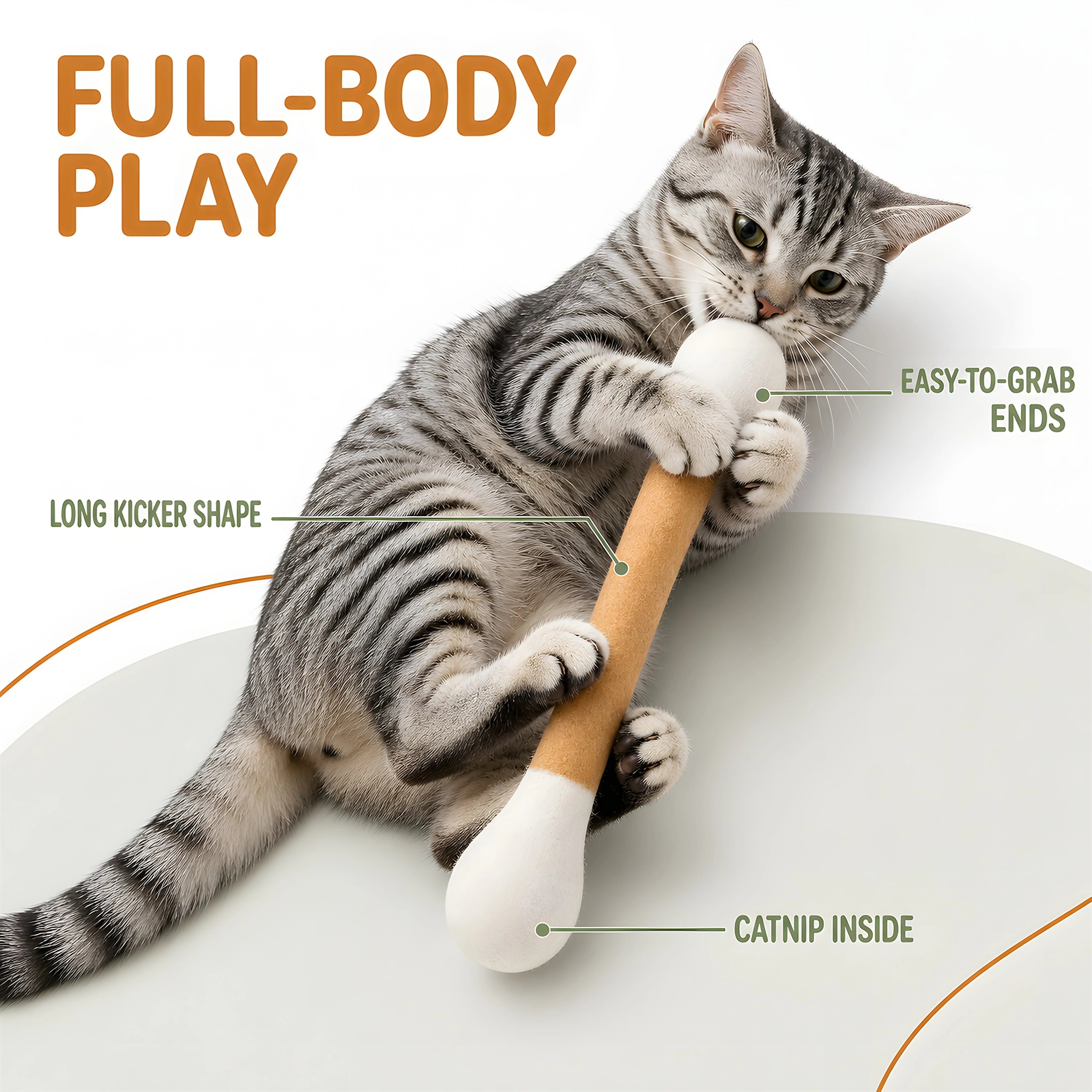 Cat using the long felt cotton swab kicker toy for full-body play