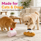 Cat and dog playing with the croissant and Swiss roll enrichment toy set at home