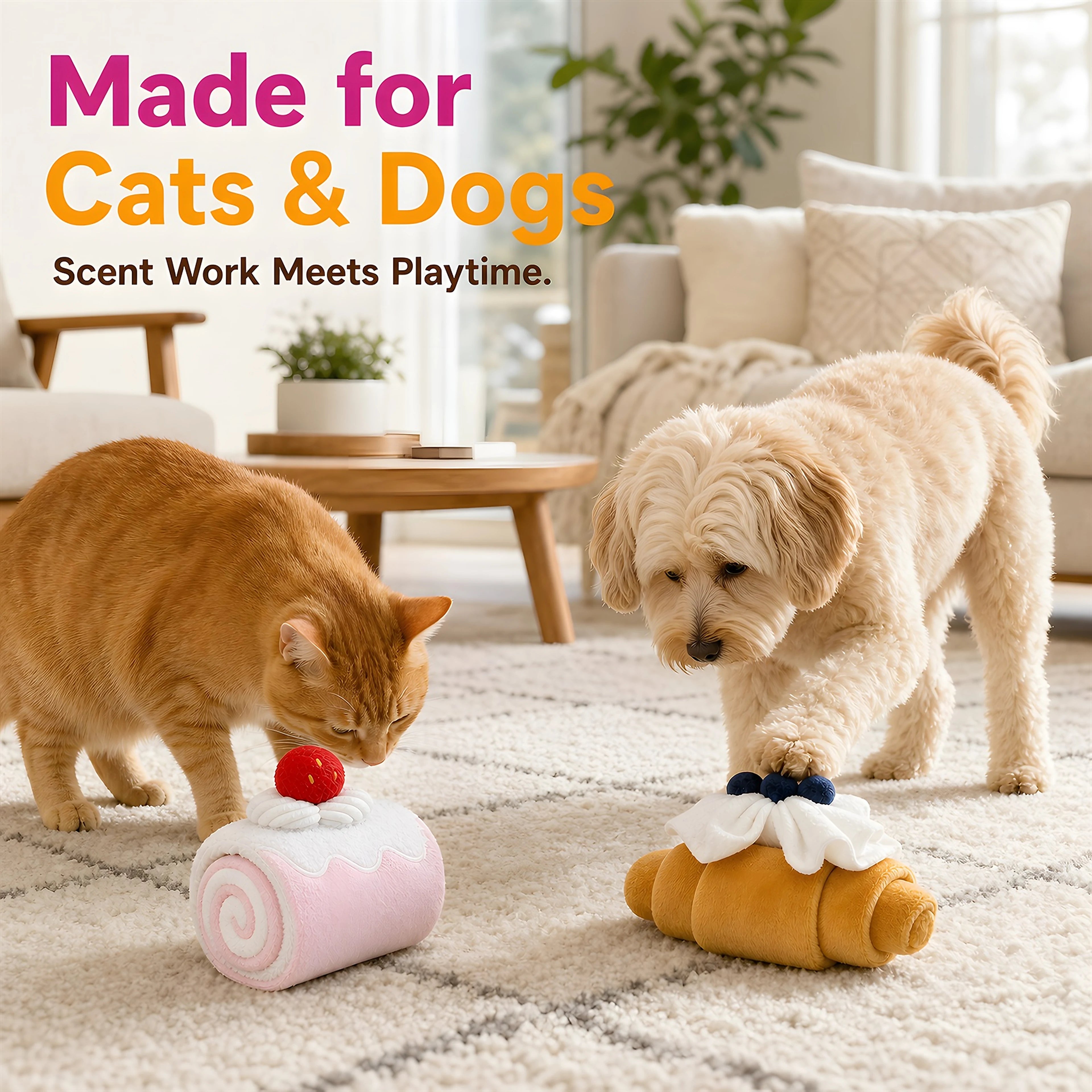 Cat and dog playing with the croissant and Swiss roll enrichment toy set at home