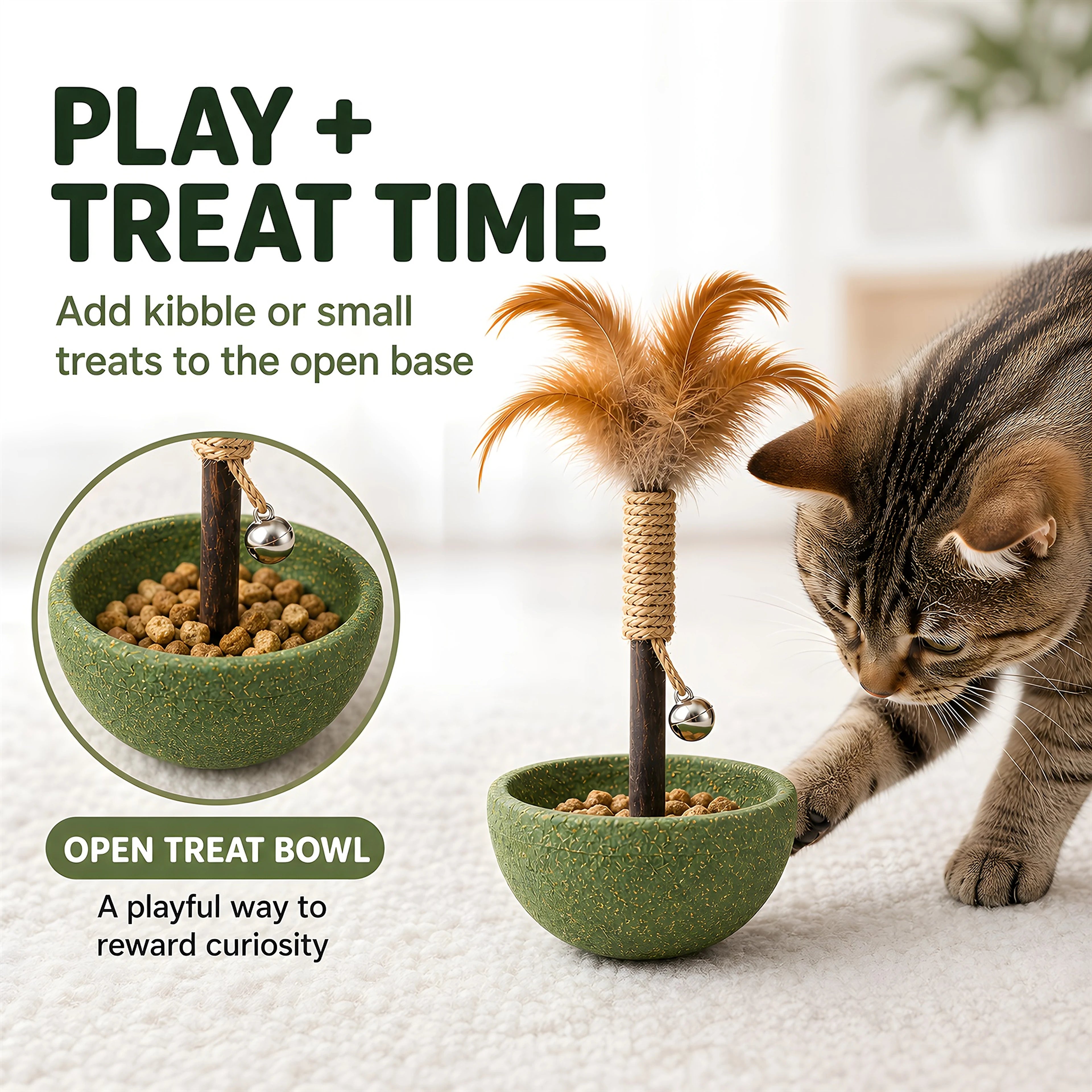 Open cat toy base filled with small treats beside the assembled feather tumbler