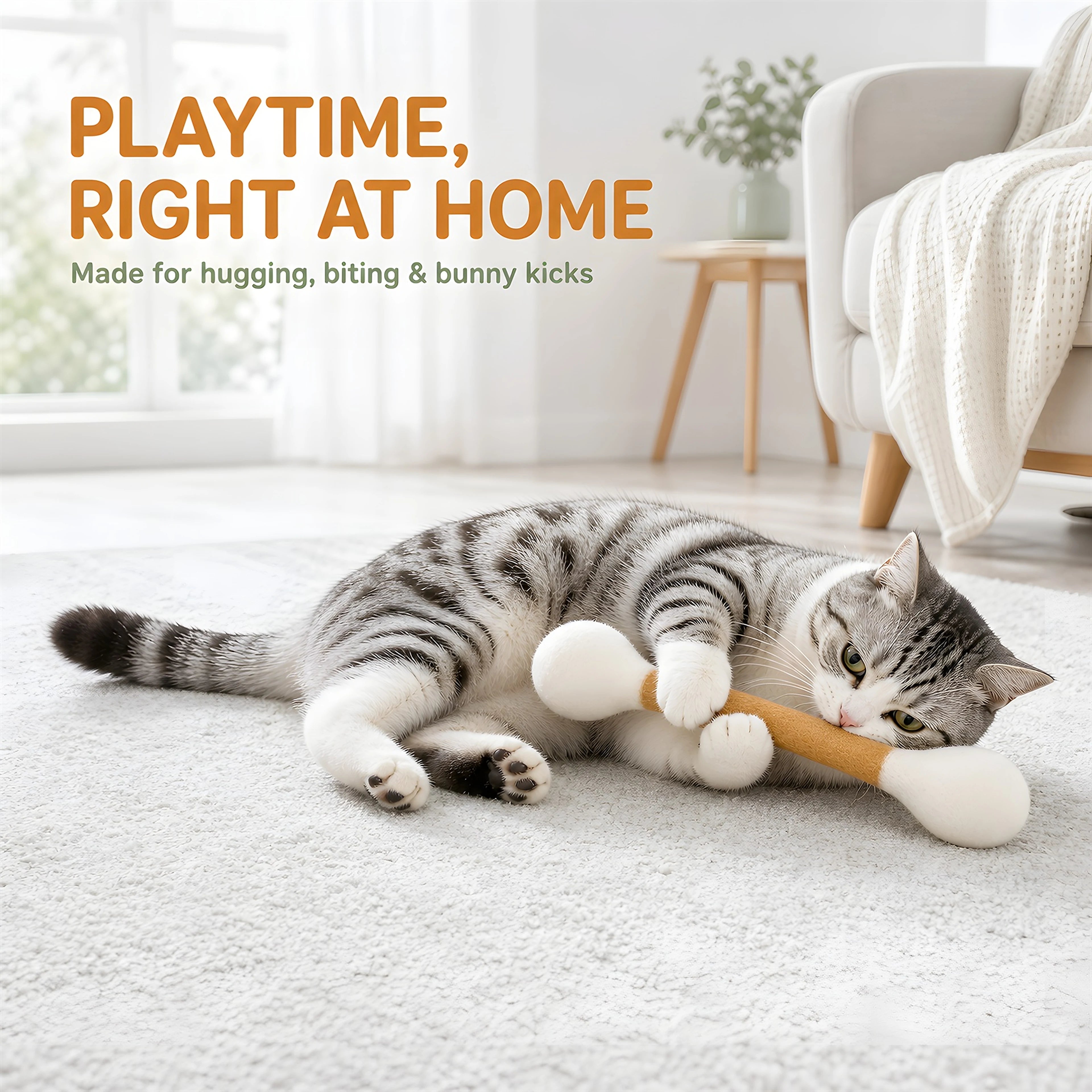 Cat playing with the oversized felt cotton swab catnip toy at home