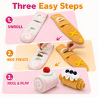 Three-step treat-hiding play process for the croissant and Swiss roll toys