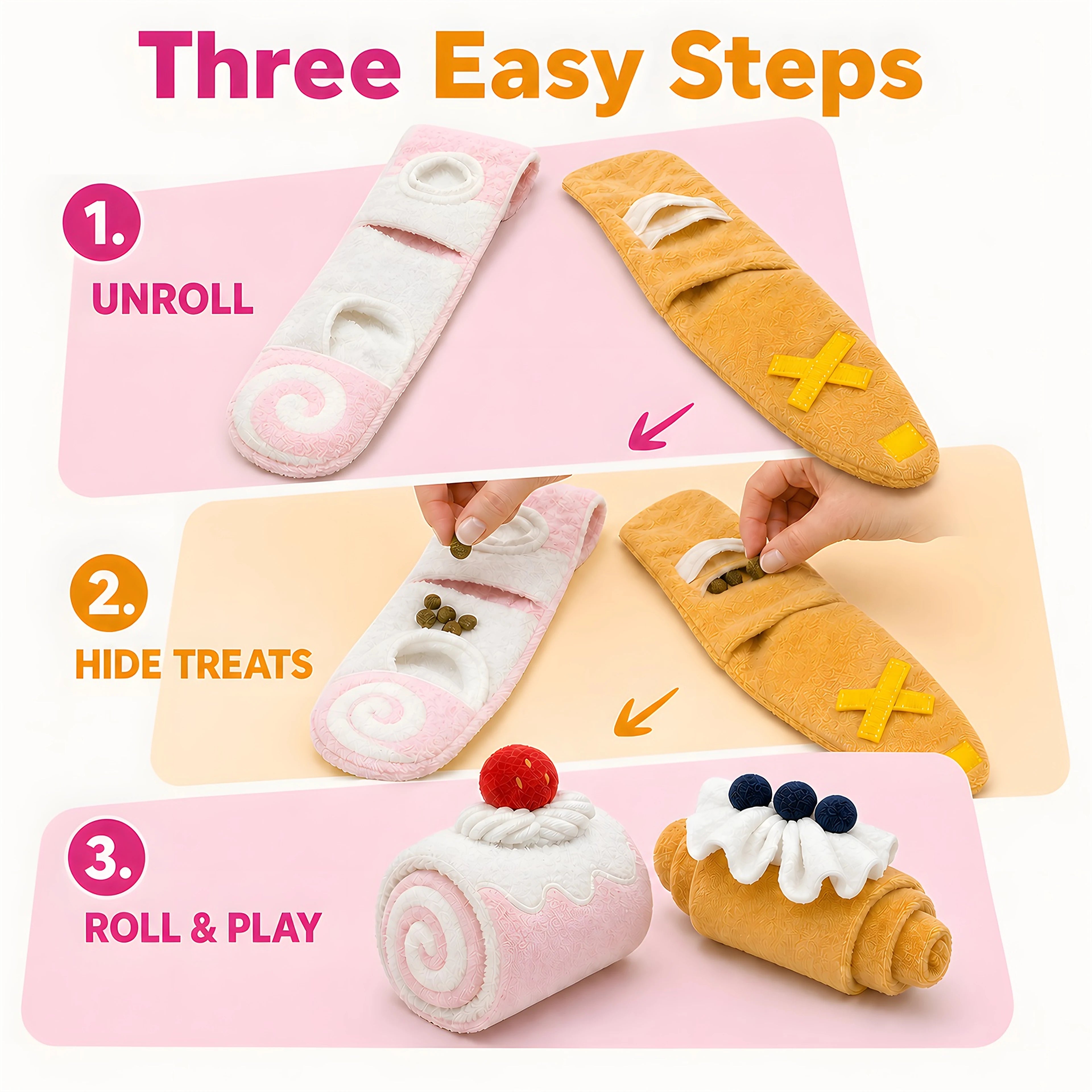 Three-step treat-hiding play process for the croissant and Swiss roll toys