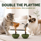 Cat playing with the feather tumbler toy in a bright home setting