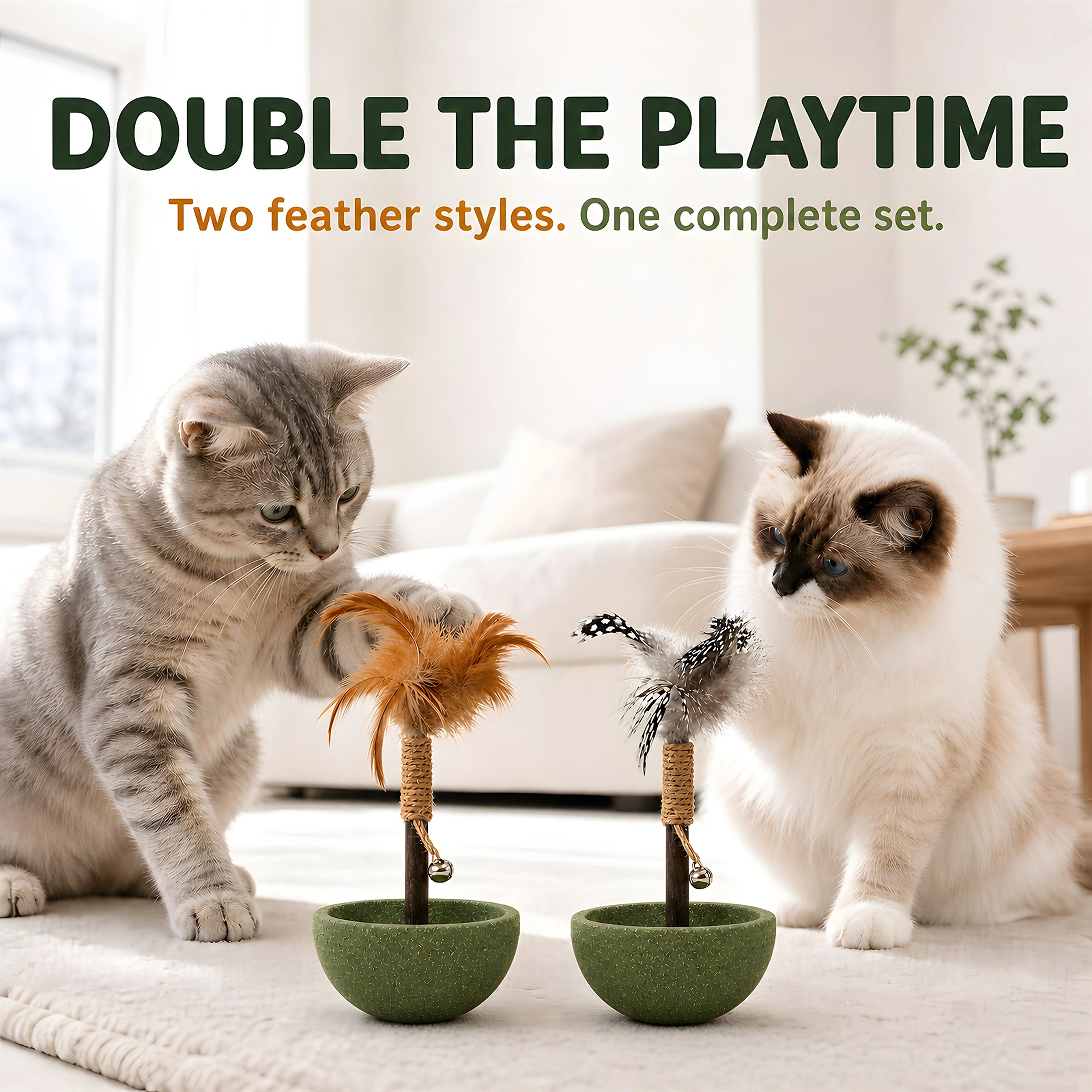Cat playing with the feather tumbler toy in a bright home setting